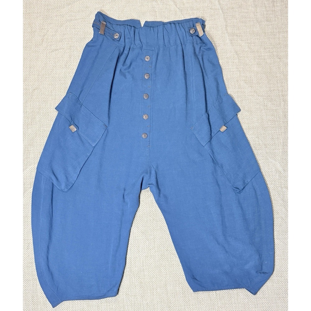 Lurdes Bergada Harem‎ Pant Blue Lagenlook Artsy Drop Crotch Cropped Pull On Boho